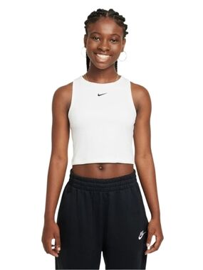 Nike White Cropped Tank Top with Black Swoosh Youth XL